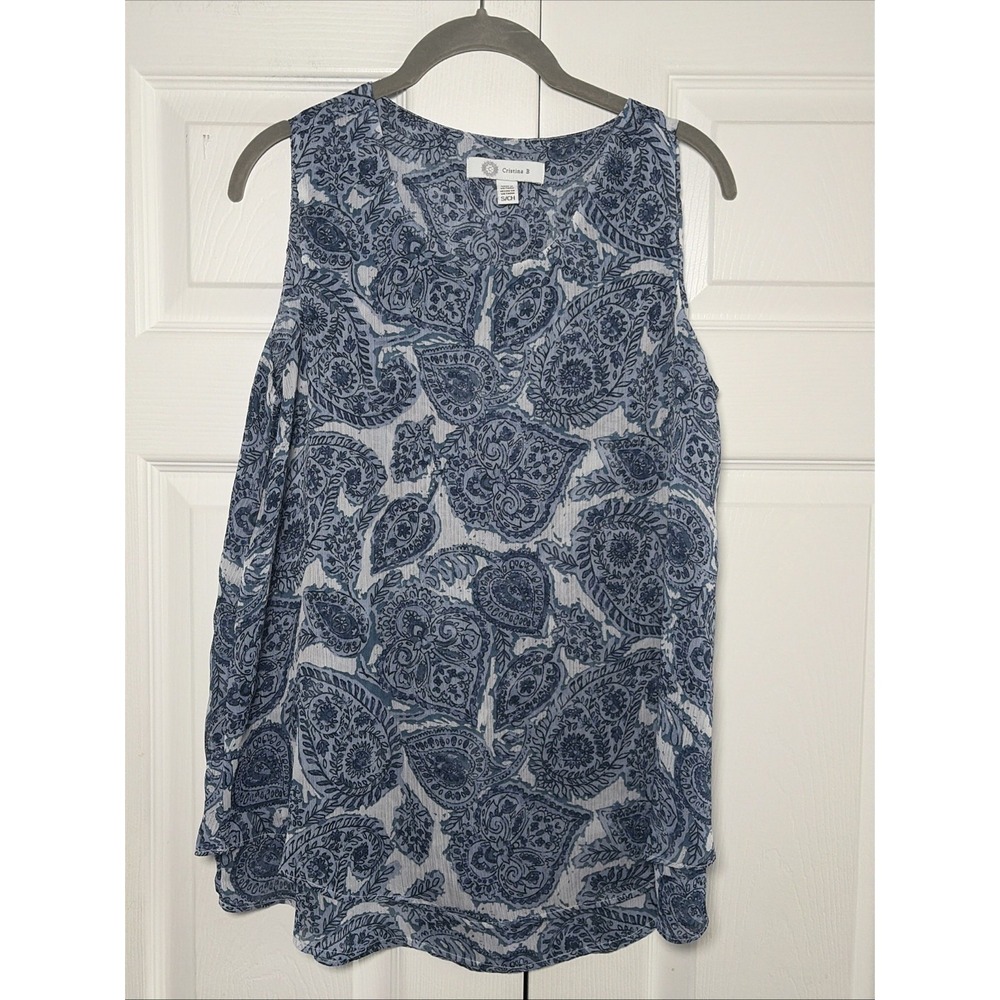 Cristina B Paisley Sleeveless Blouse Womens Size S Blue Boho Shell Top